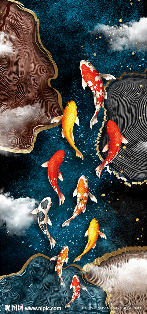 中式九鱼图抽象玄关晶瓷画装饰画