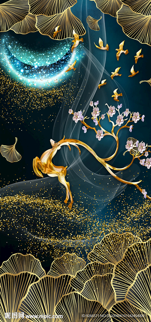 新中式麋鹿抽象玄关晶瓷画装饰画