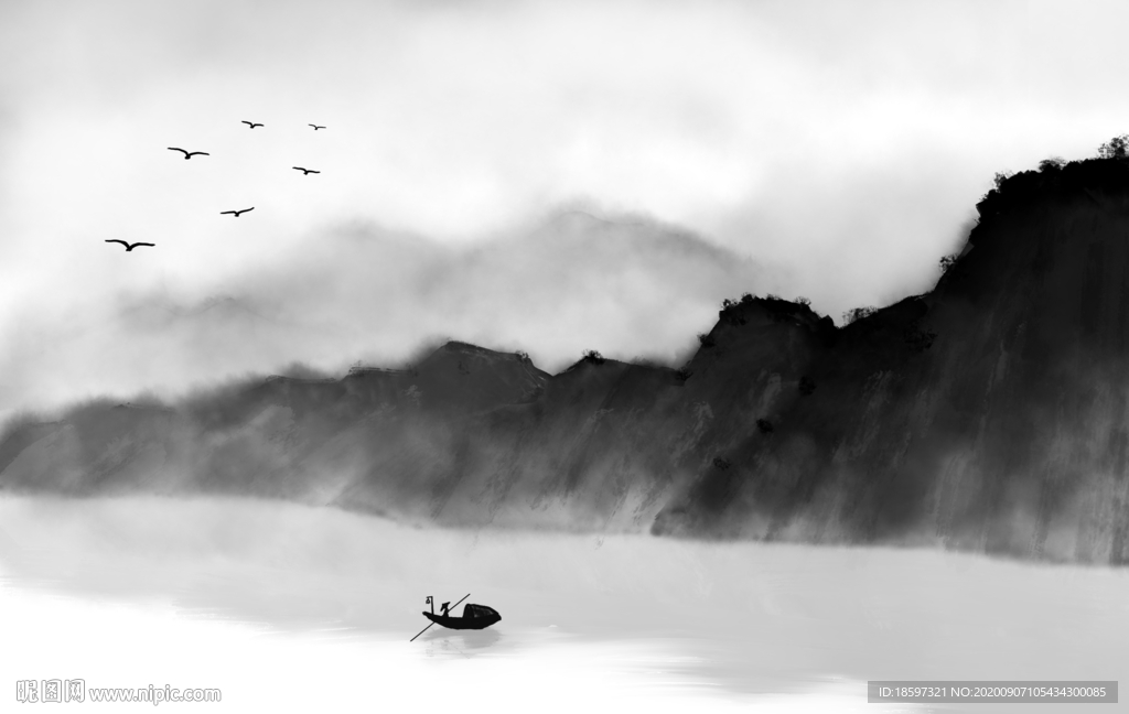 水墨风格的山川河流挂壁画
