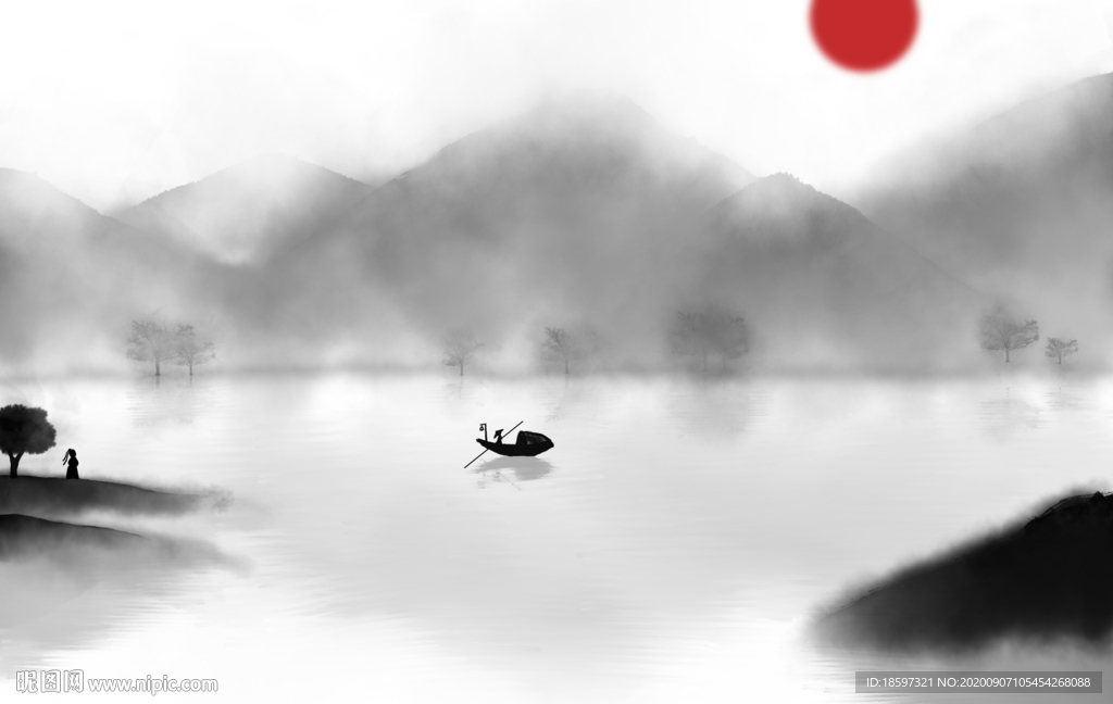水墨山水河山渡船人物遥望夕阳画