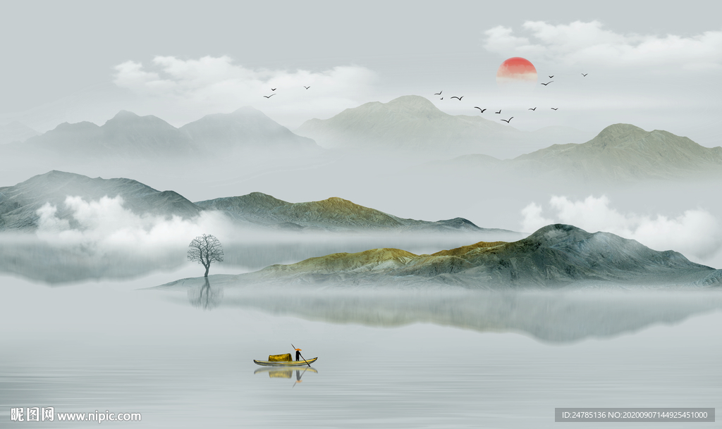中式水墨山水画