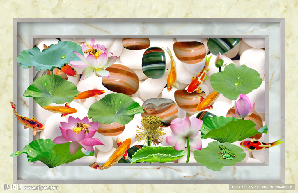 原创荷花鲤鱼鹅卵石装饰画