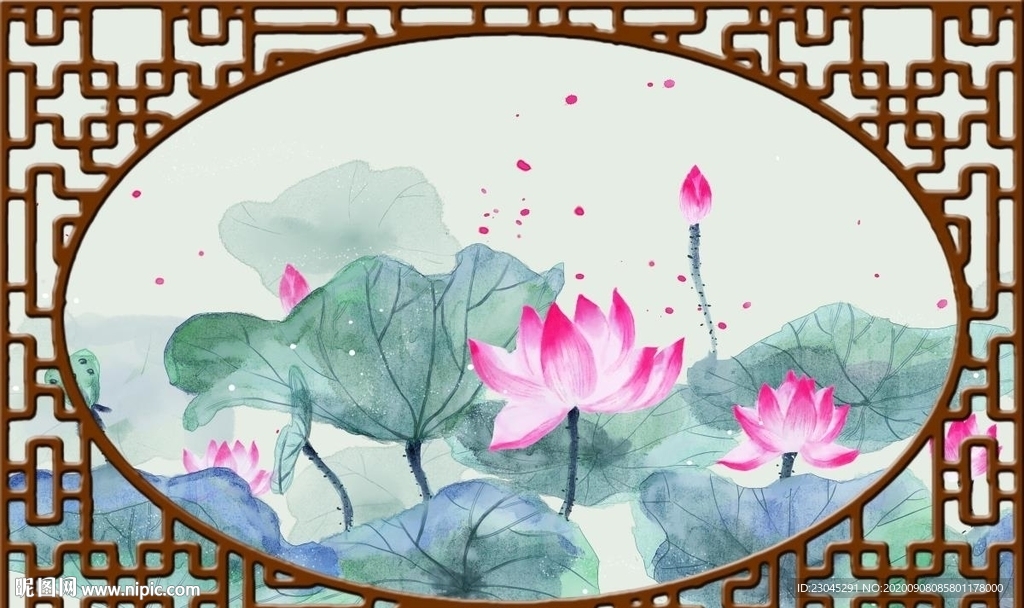 荷花新中式客厅大板电视背景墙