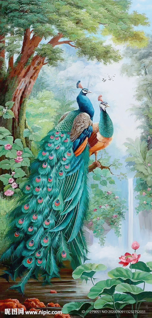 孔雀风景油画