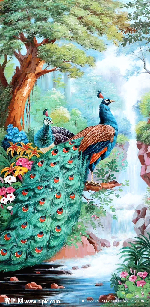 孔雀风景油画
