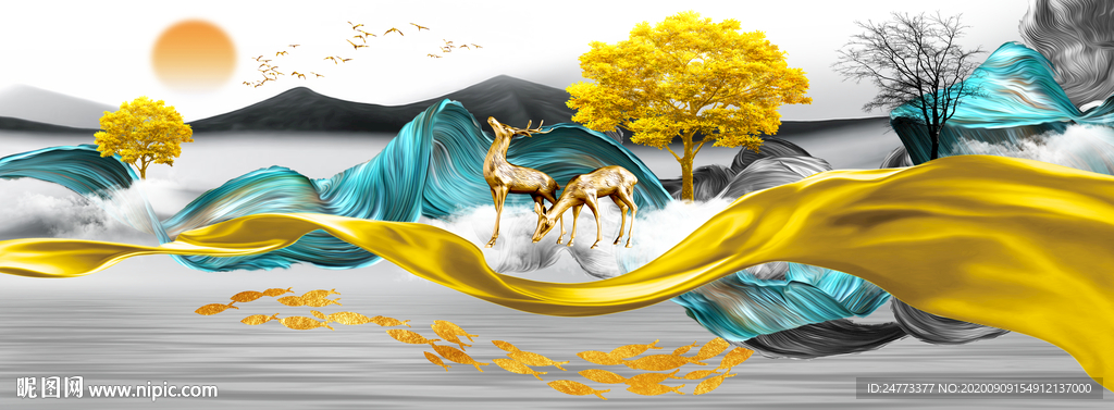 轻奢麋鹿山水晶瓷画