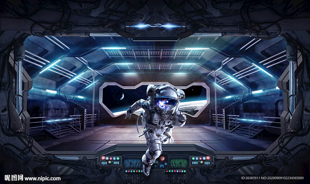 宇航员空间站3D立体背景墙