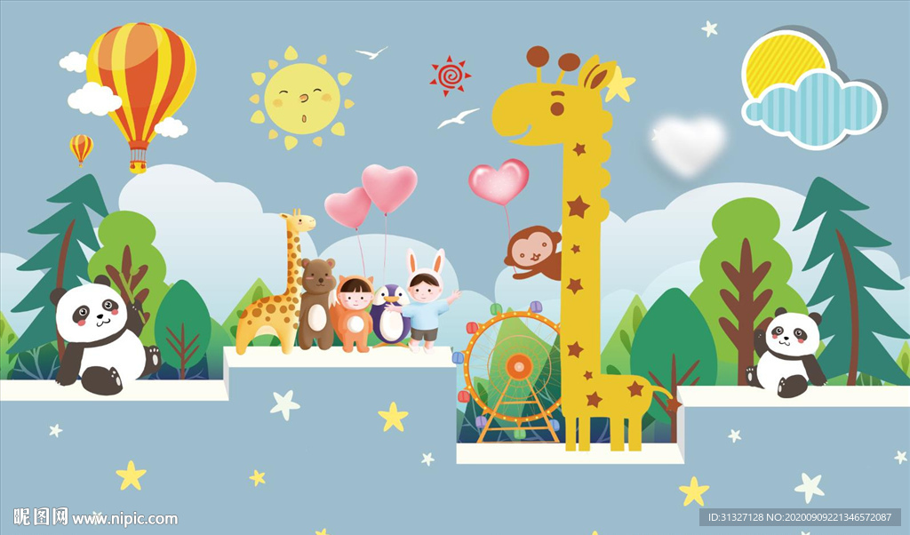 熊猫小鹿卡通背景墙图片