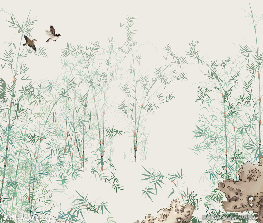 工笔竹子花鸟现代手绘背景墙
