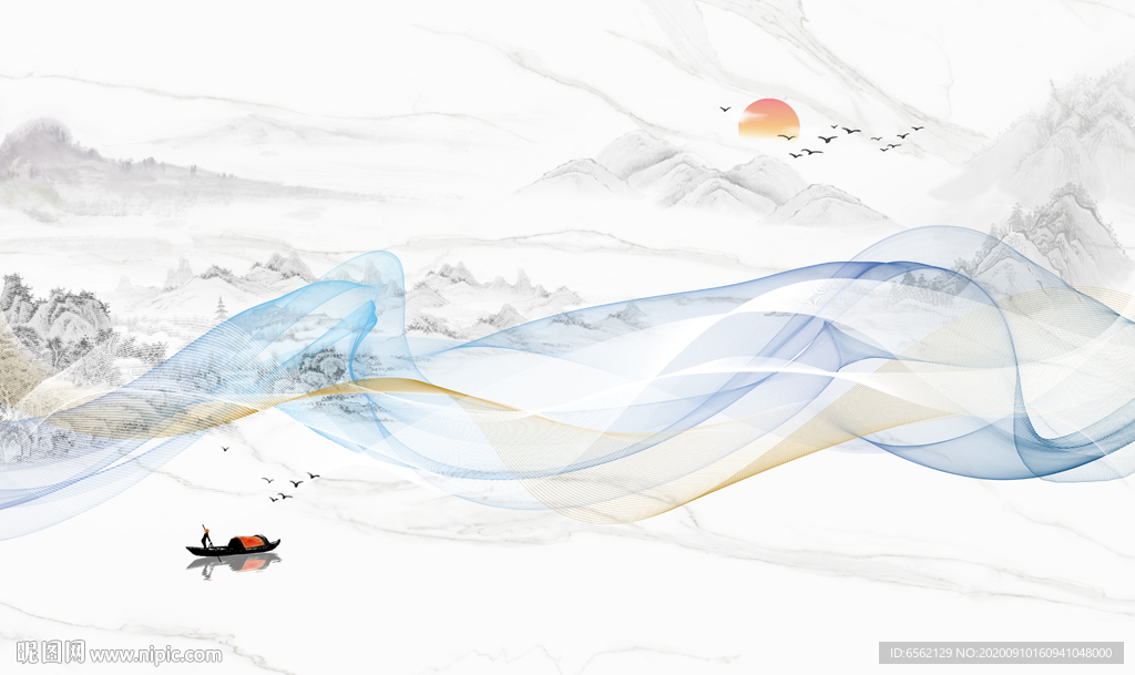 抽象线条国画山水背景墙