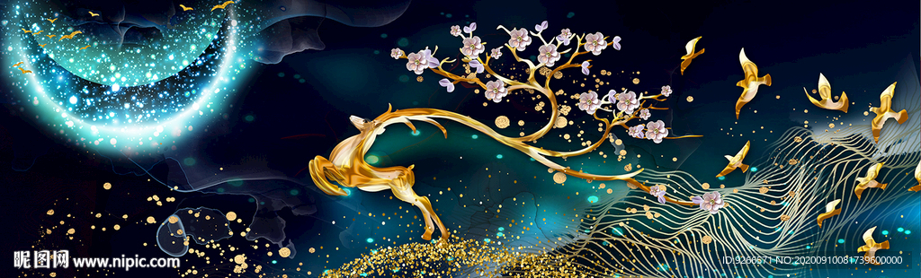 新中式麋鹿抽象卧室横幅装饰画