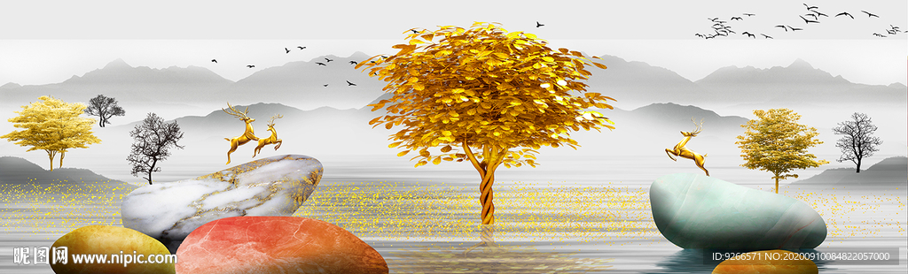 石来运转麋鹿抽象卧室横幅装饰画