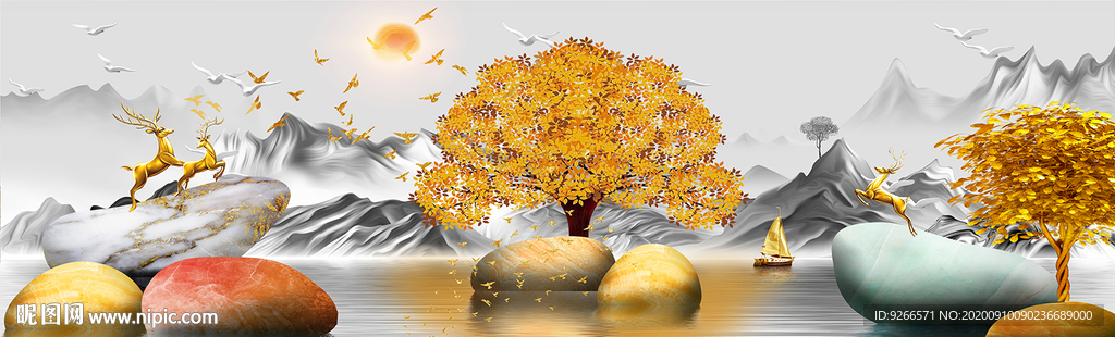 石来运转麋鹿抽象卧室横幅装饰画