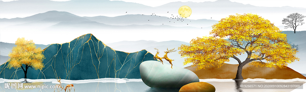 石来运转麋鹿抽象卧室横幅装饰画