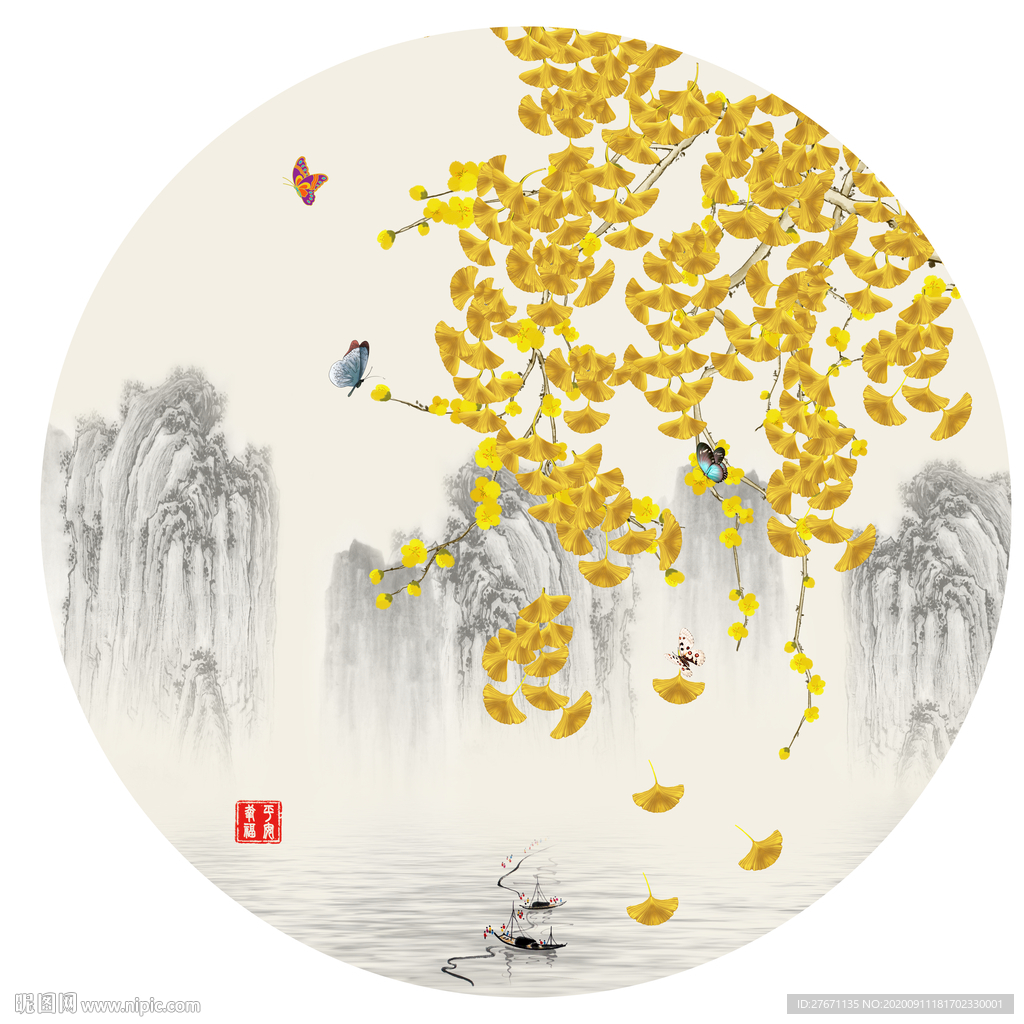 新中式银杏水墨山水圆形装饰画