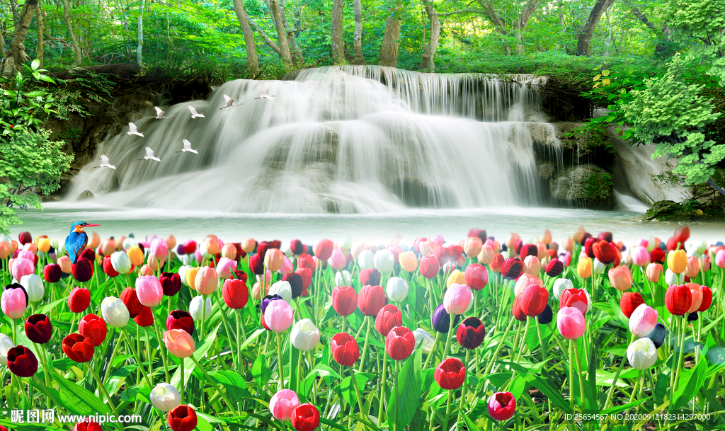 花草瀑布风景画背景墙