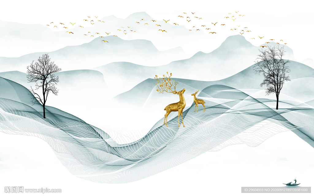 麋鹿山水中式意境 tif分层