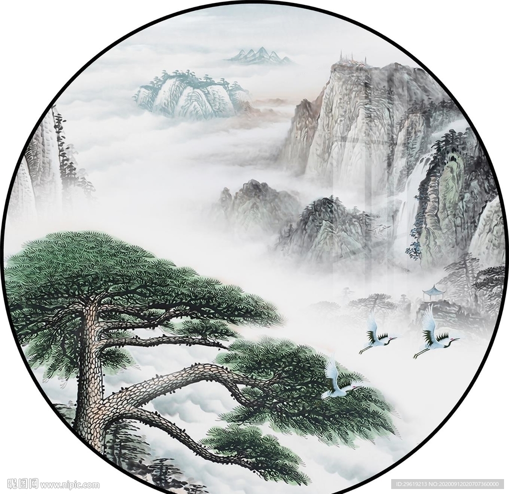 新中式水墨山水迎客松装饰画图片