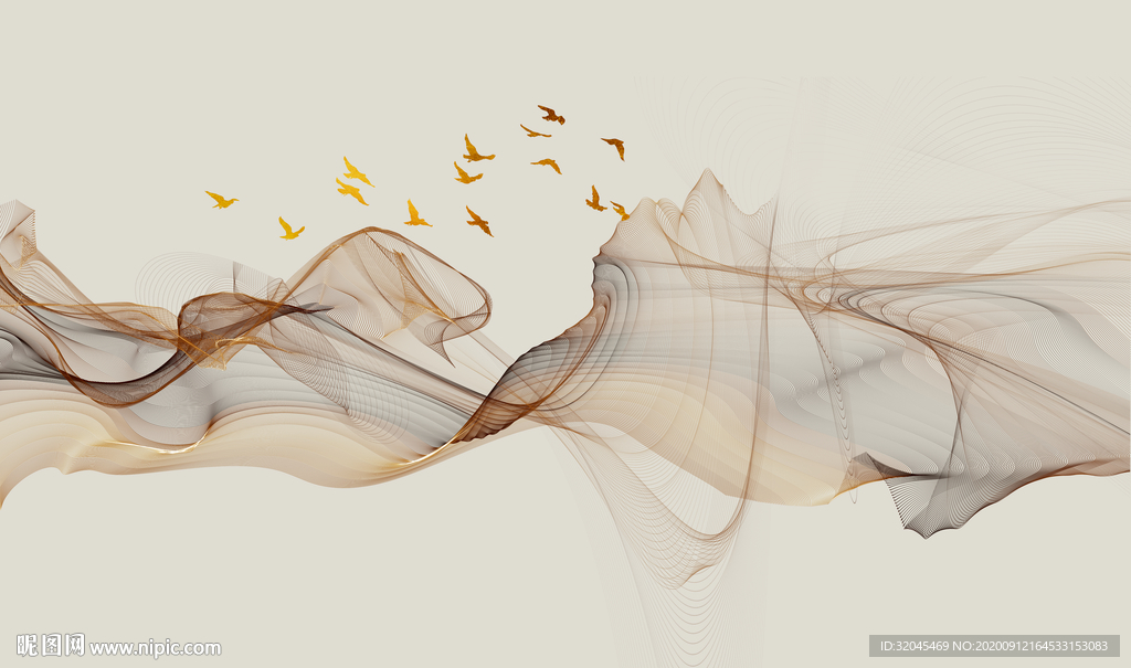 水墨画腰线飞鸟背景墙