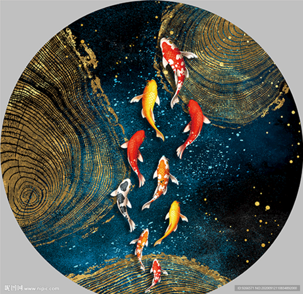 九鱼图抽象圆形晶瓷画装饰画