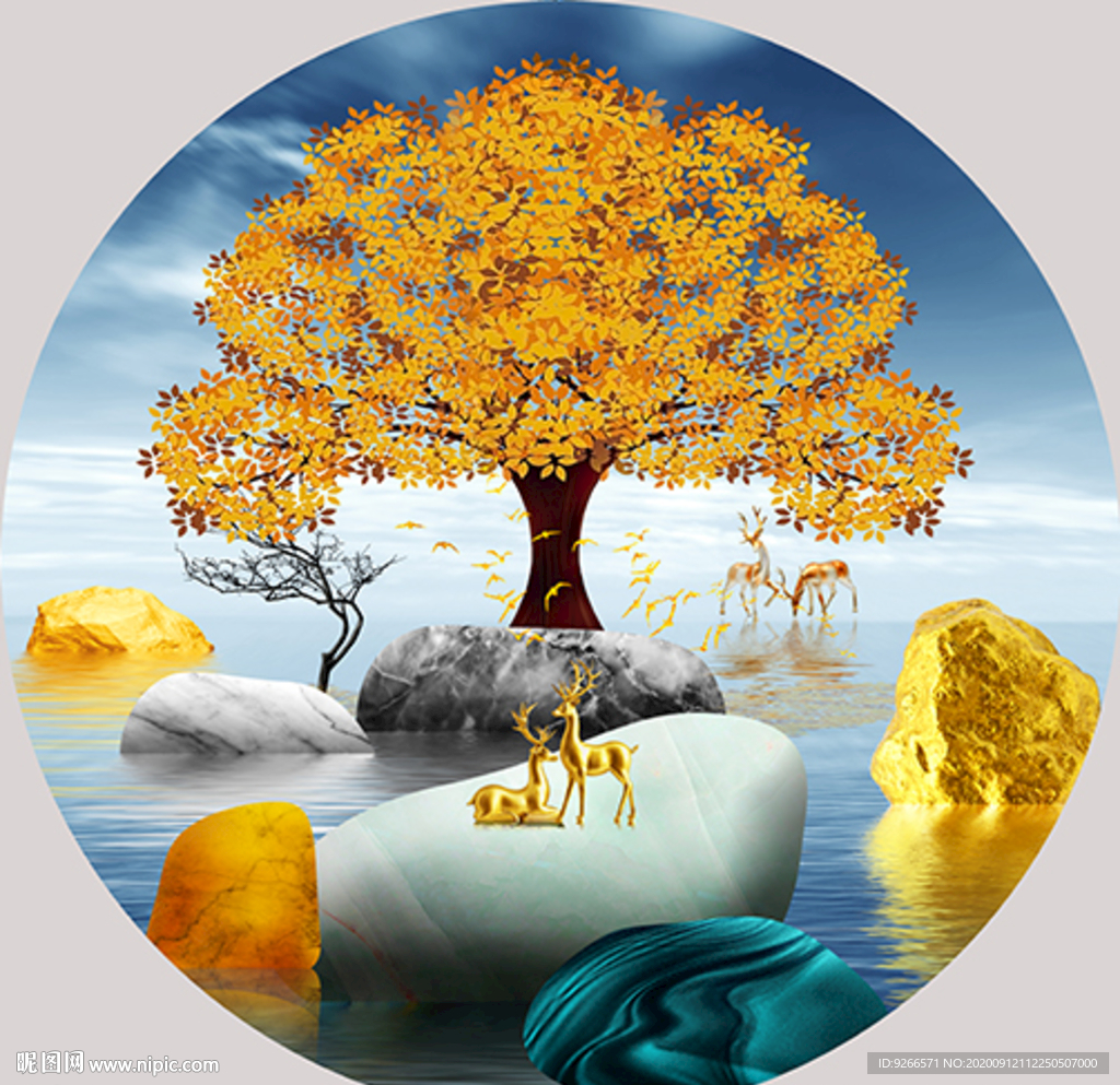 麋鹿抽象圆形晶瓷画装饰画