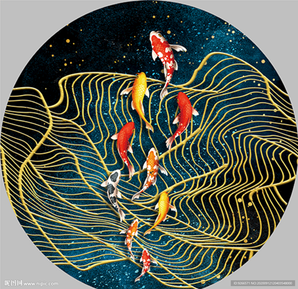 九鱼图抽象圆形晶瓷画装饰画