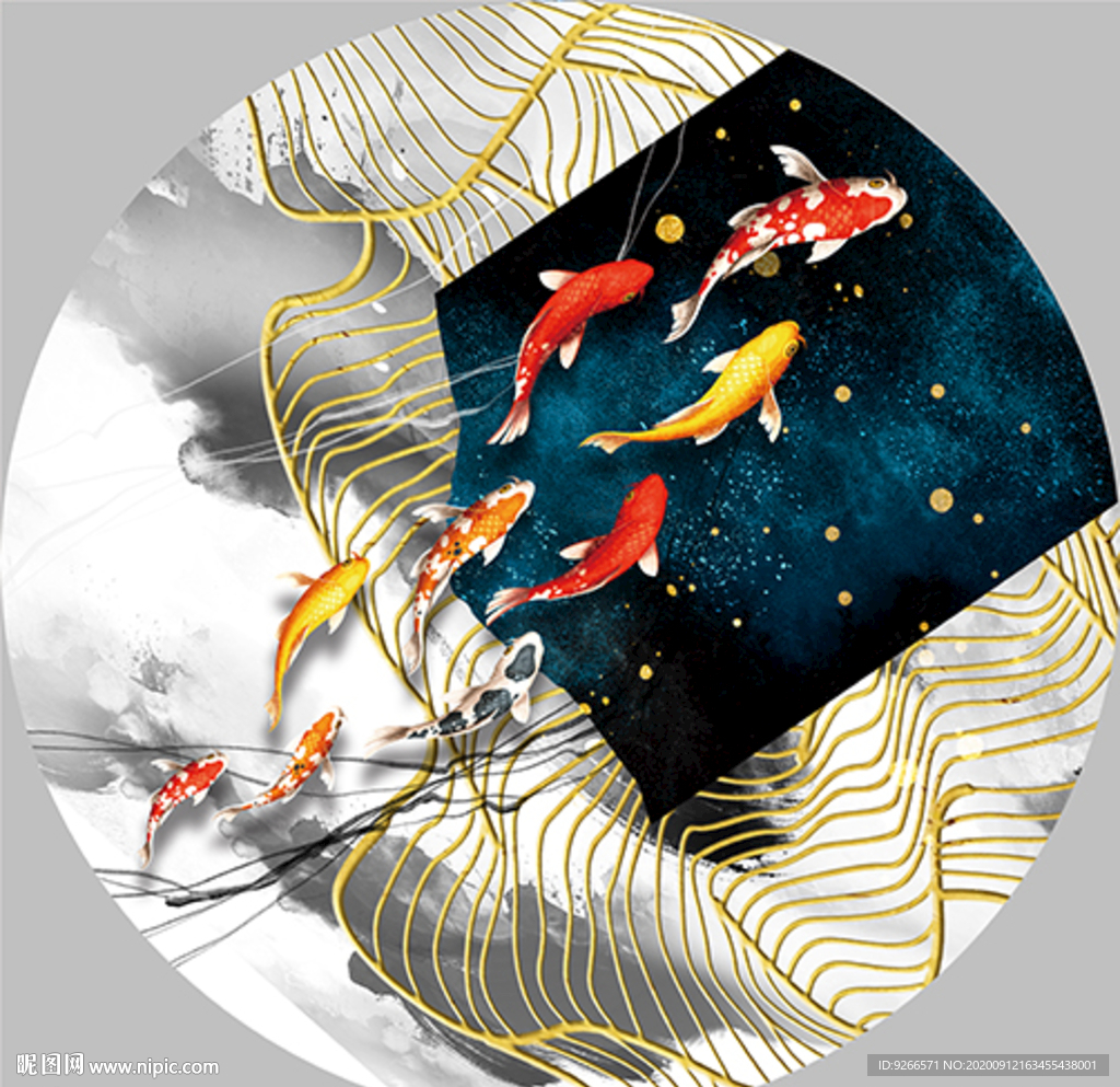 九鱼图抽象圆形晶瓷画装饰画