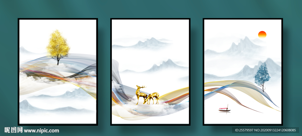 中式轻奢山水三联装饰画