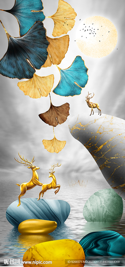 石来运转麋鹿抽象玄关装饰画