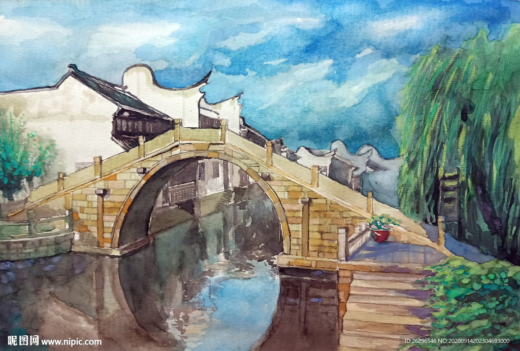 浙江嘉兴石桥水彩画