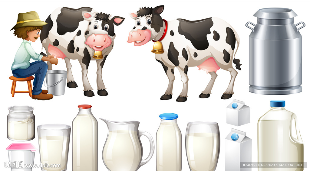 卡通牛奶瓶 挤牛奶矢量图