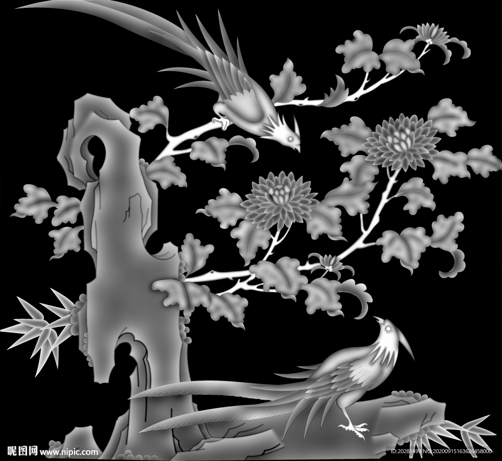 花鸟灰度图