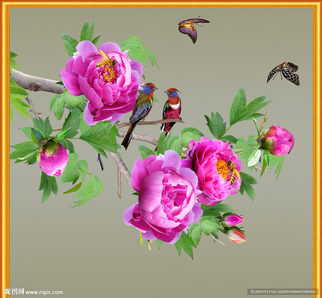 原创高清牡丹花鸟蝴蝶装饰画