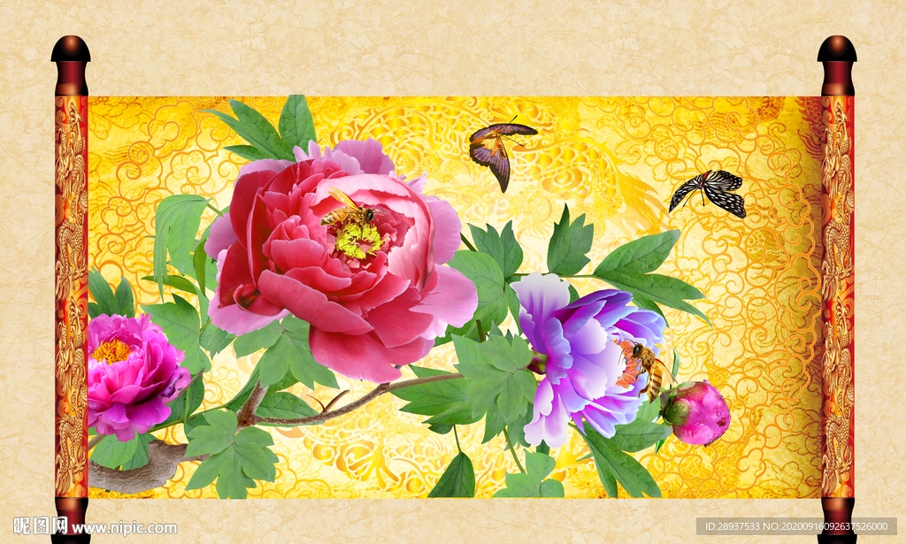 原创高清牡丹蝴蝶画轴装饰画