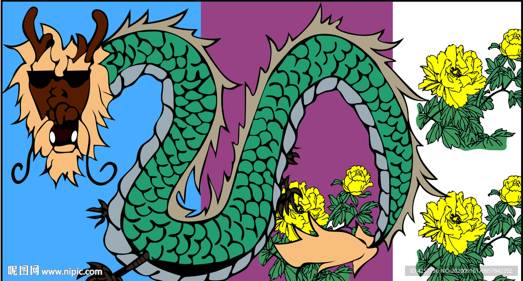 中国风龙插画牡丹花卡通手绘