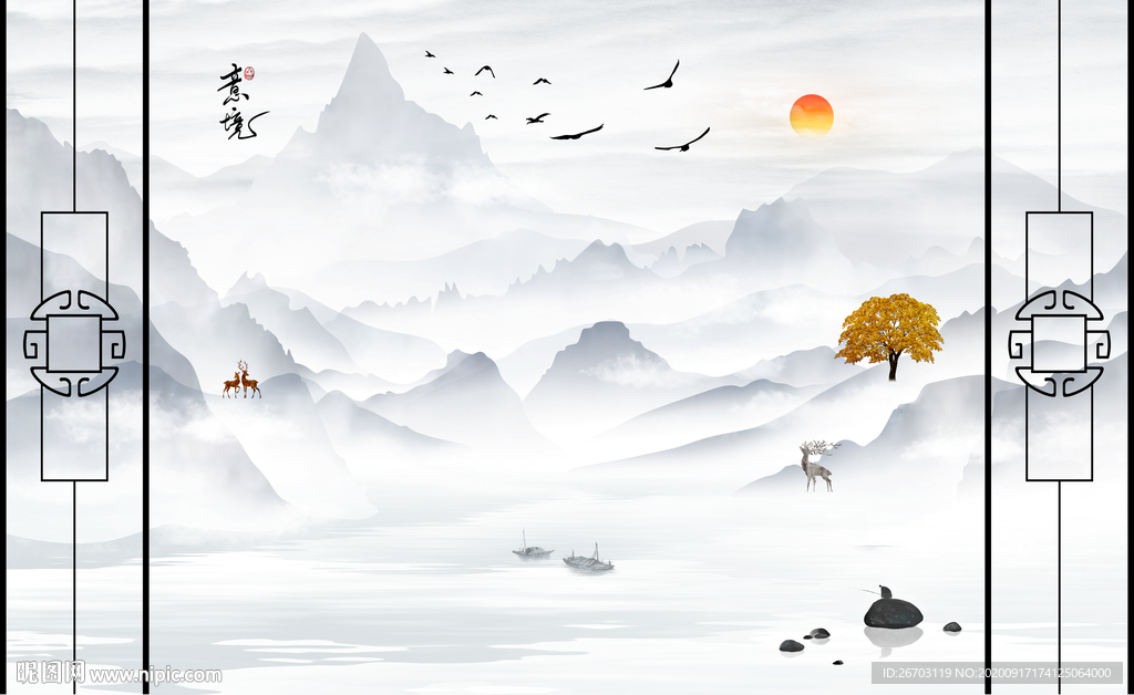 新款爆款山水意境背景墙