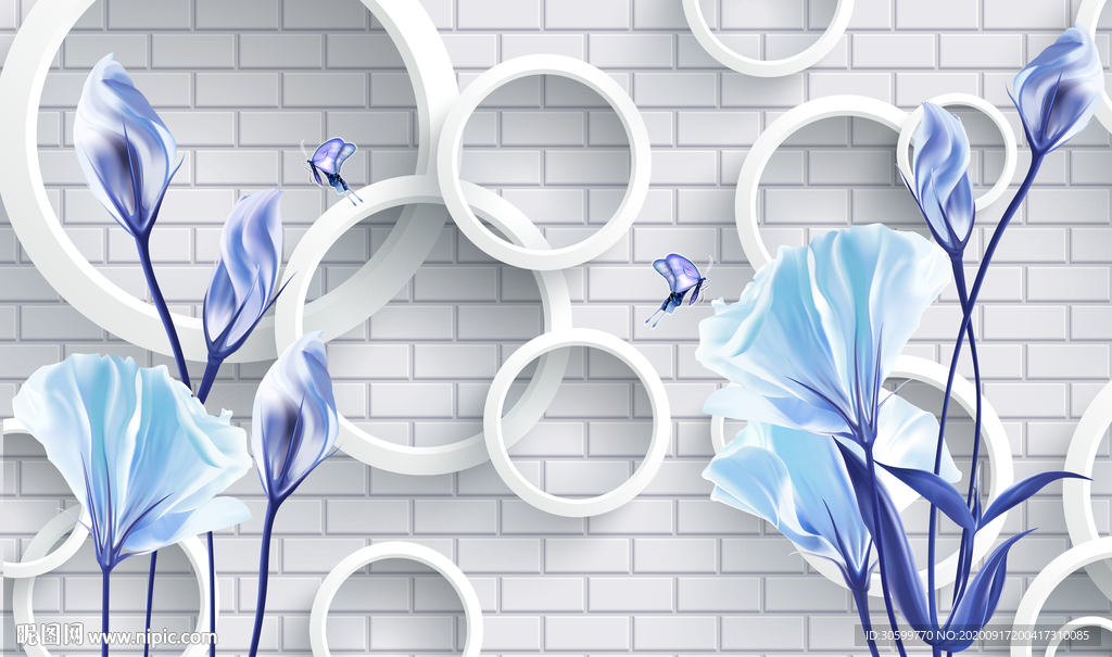 蓝色花卉电视背景墙