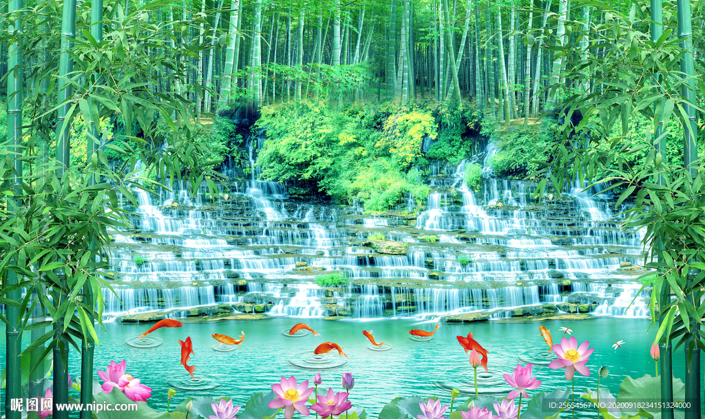 风景画流水生财背景墙