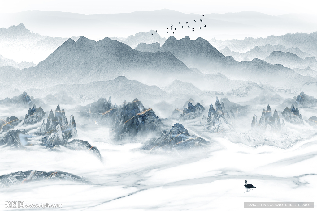 新款现代新中式山水画背景墙