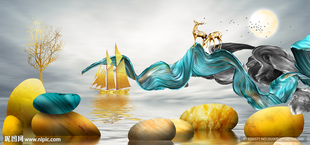 石来运转麋鹿晶瓷画装饰画