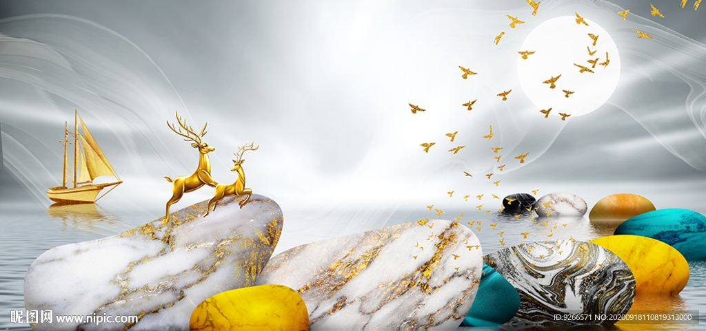 石来运转麋鹿晶瓷画装饰画