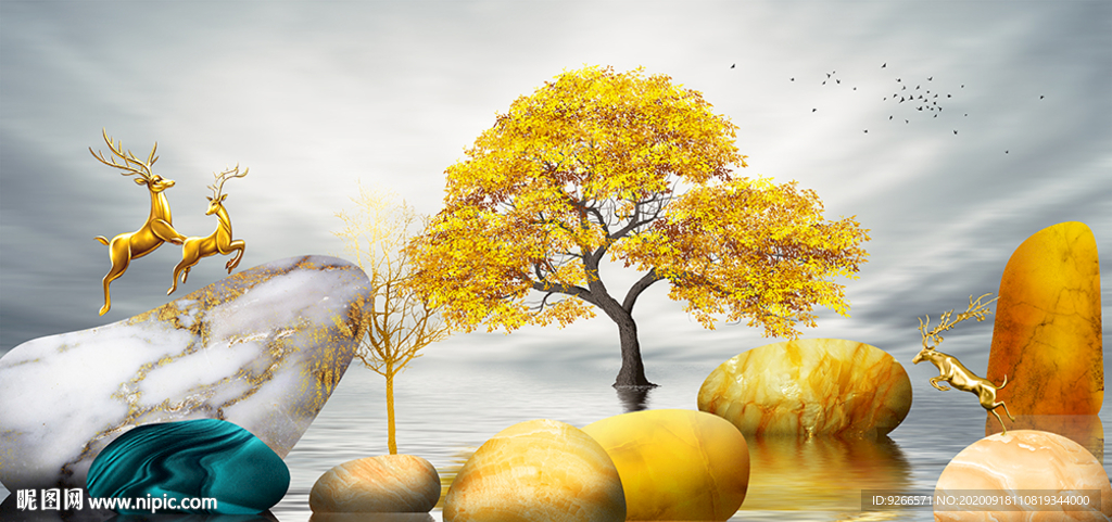 石来运转麋鹿晶瓷画装饰画