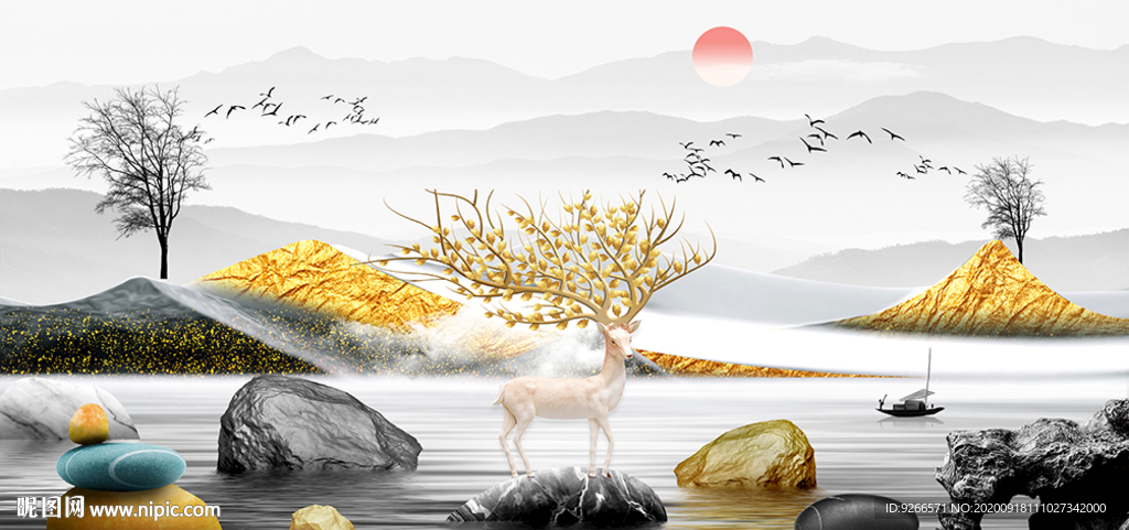 石来运转麋鹿晶瓷画装饰画