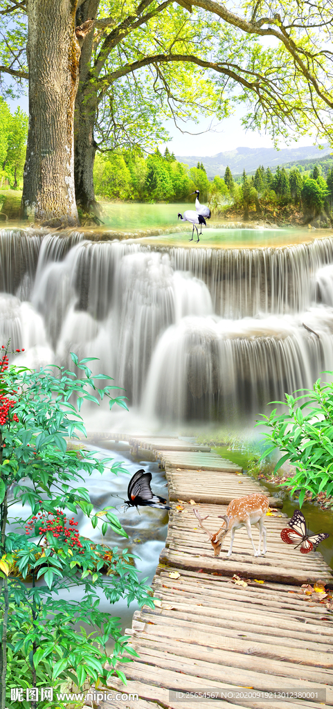 森林流水瀑布玄关3D背景墙