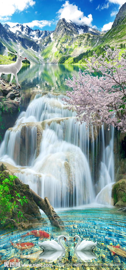 森林流水瀑布玄关3D背景墙