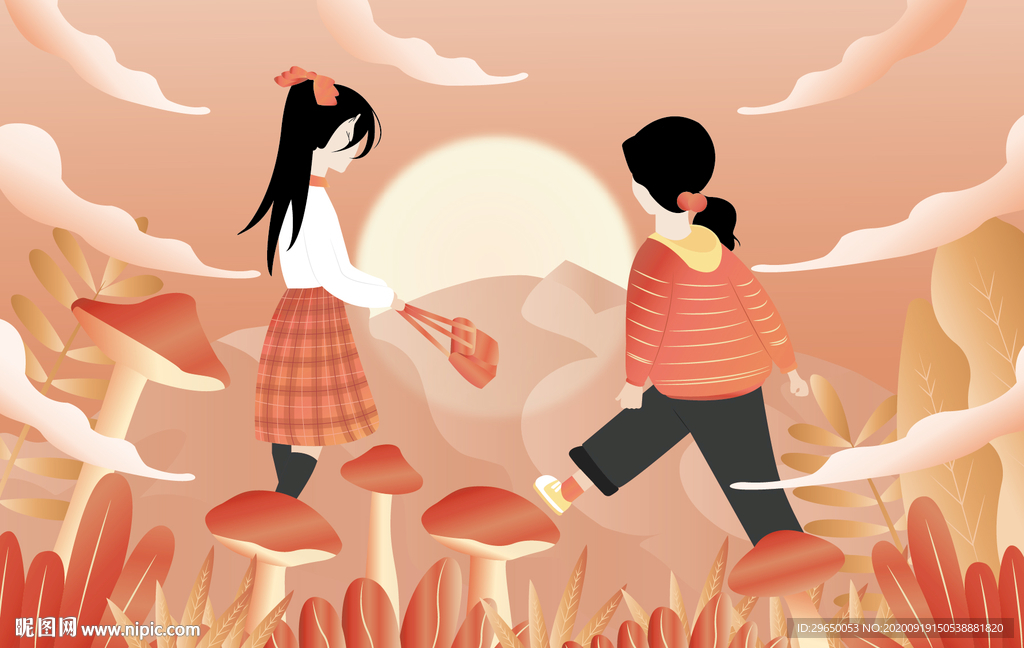 小女孩蘑菇地插画