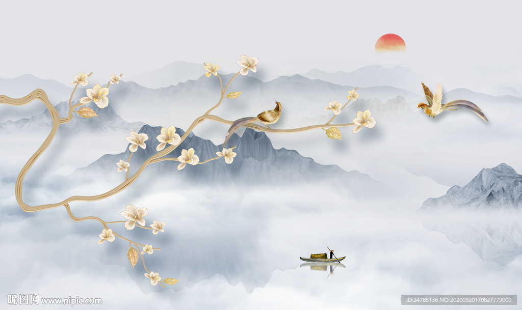 新中式花鸟山水画