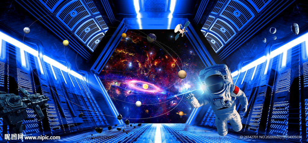 蓝色宇宙星空太空酒吧背景墙
