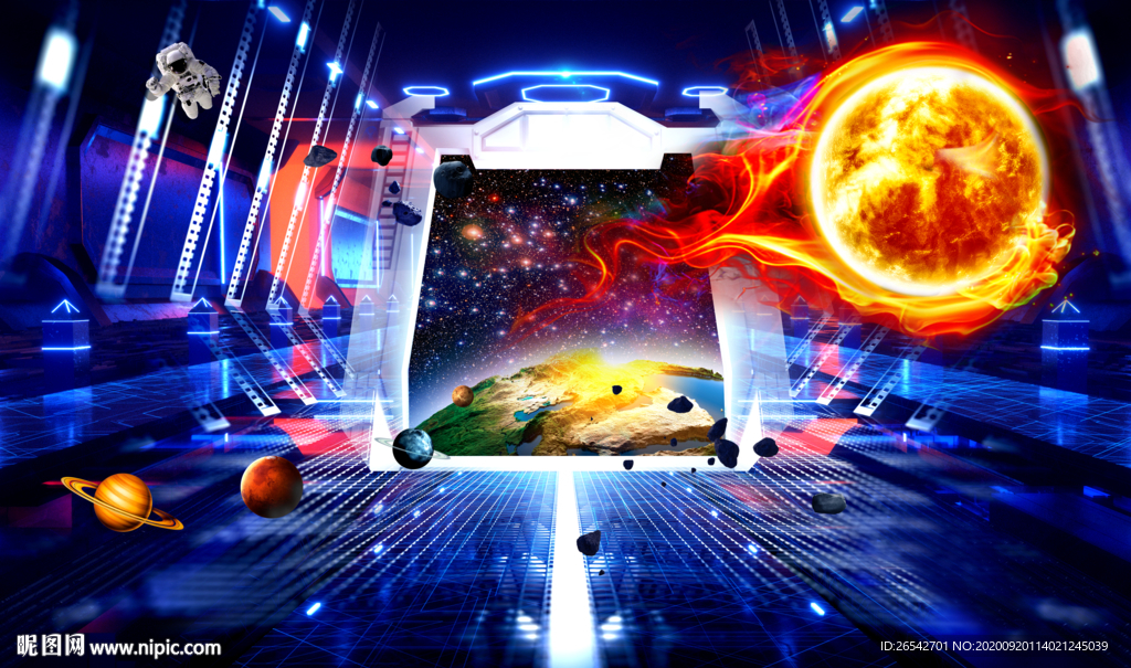 3D立体宇宙太空舱星球背景墙