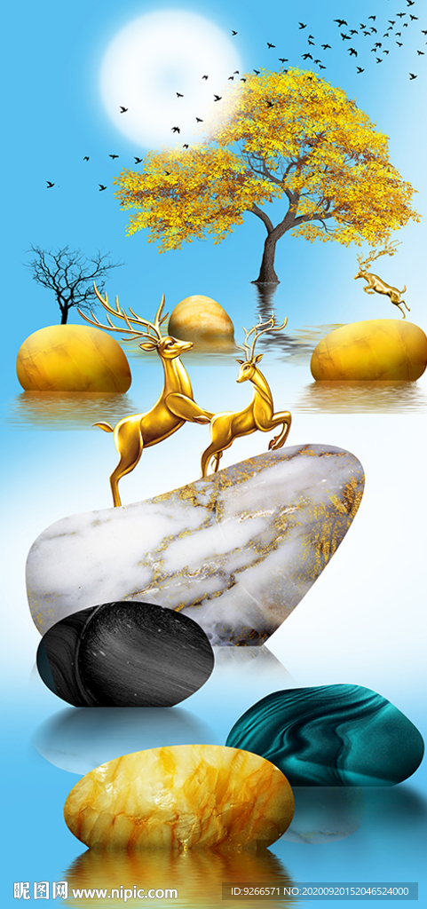 石来运转麋鹿抽象玄关装饰画